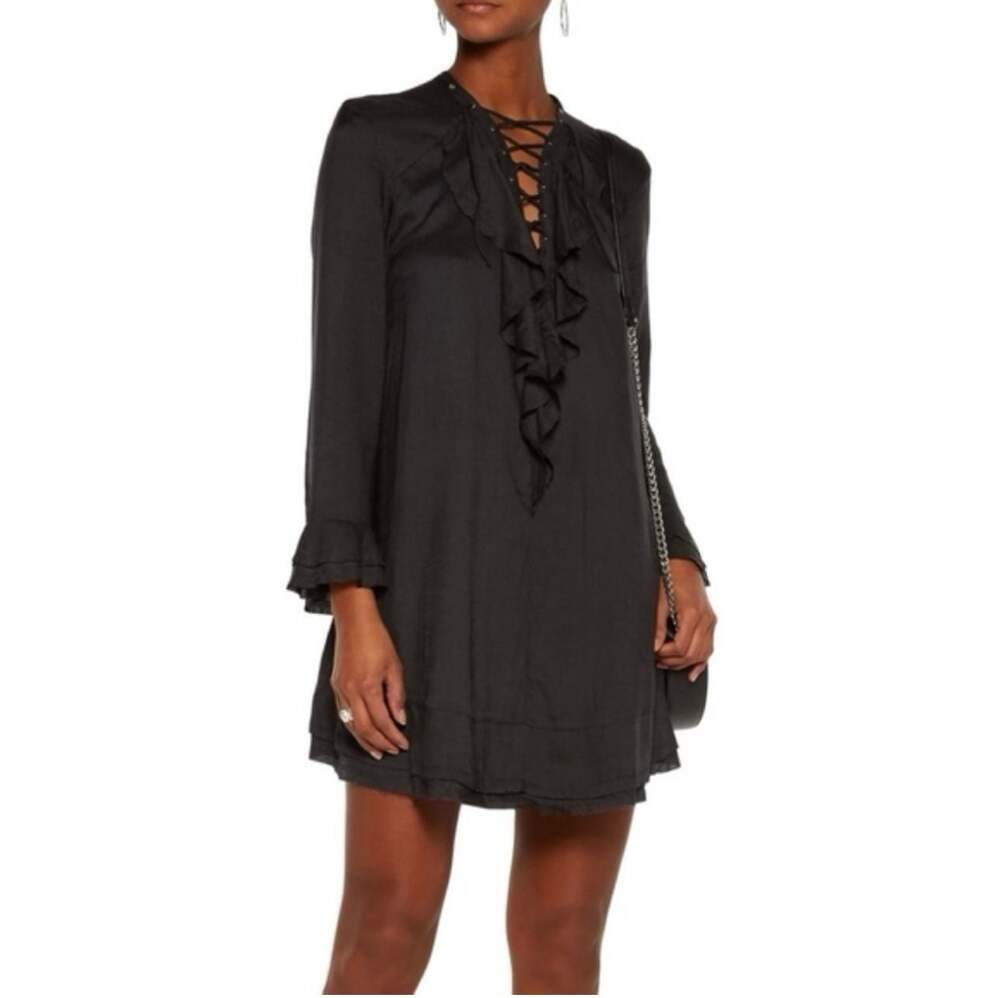 IRO Florine Black Lace-Up Ruffle Babydoll Tunic Fairy Whimsical Goth Dress 36